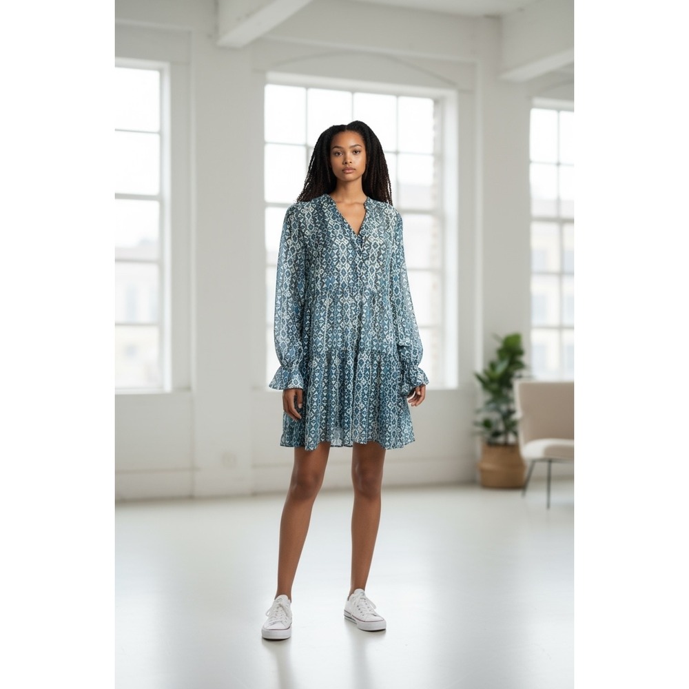Boho Chic Dress Blue White Patterned Long Sleeve Tiered Mini Dress